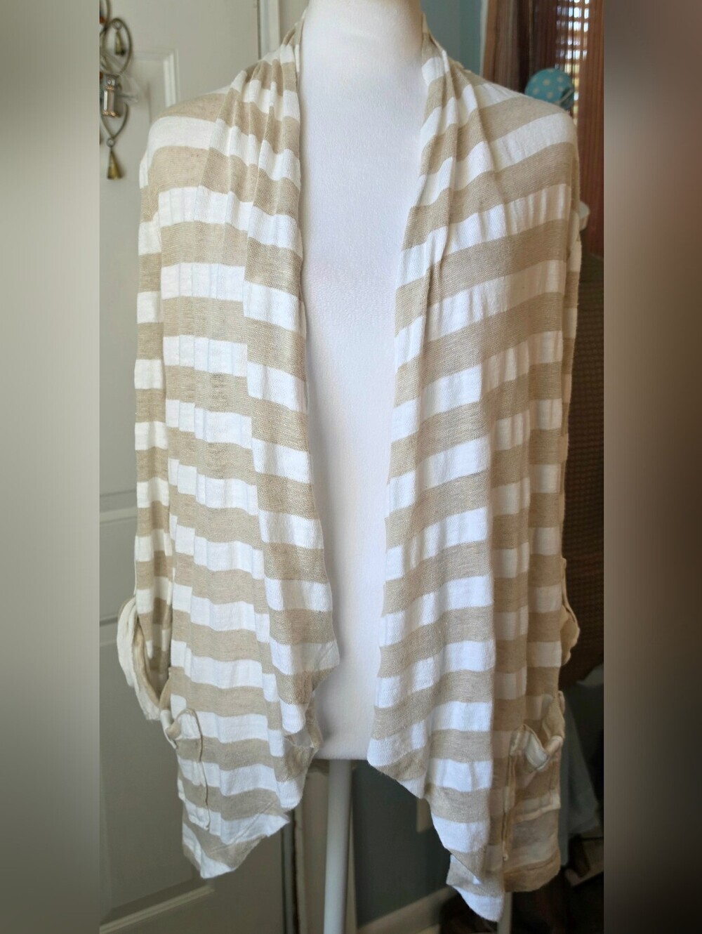 Banana Republic Lightweight Open Cardigan Womens MP Cotton Linen Blend Striped